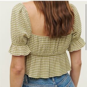 Reformation Olive Checkered Puff Sleeve Blouse